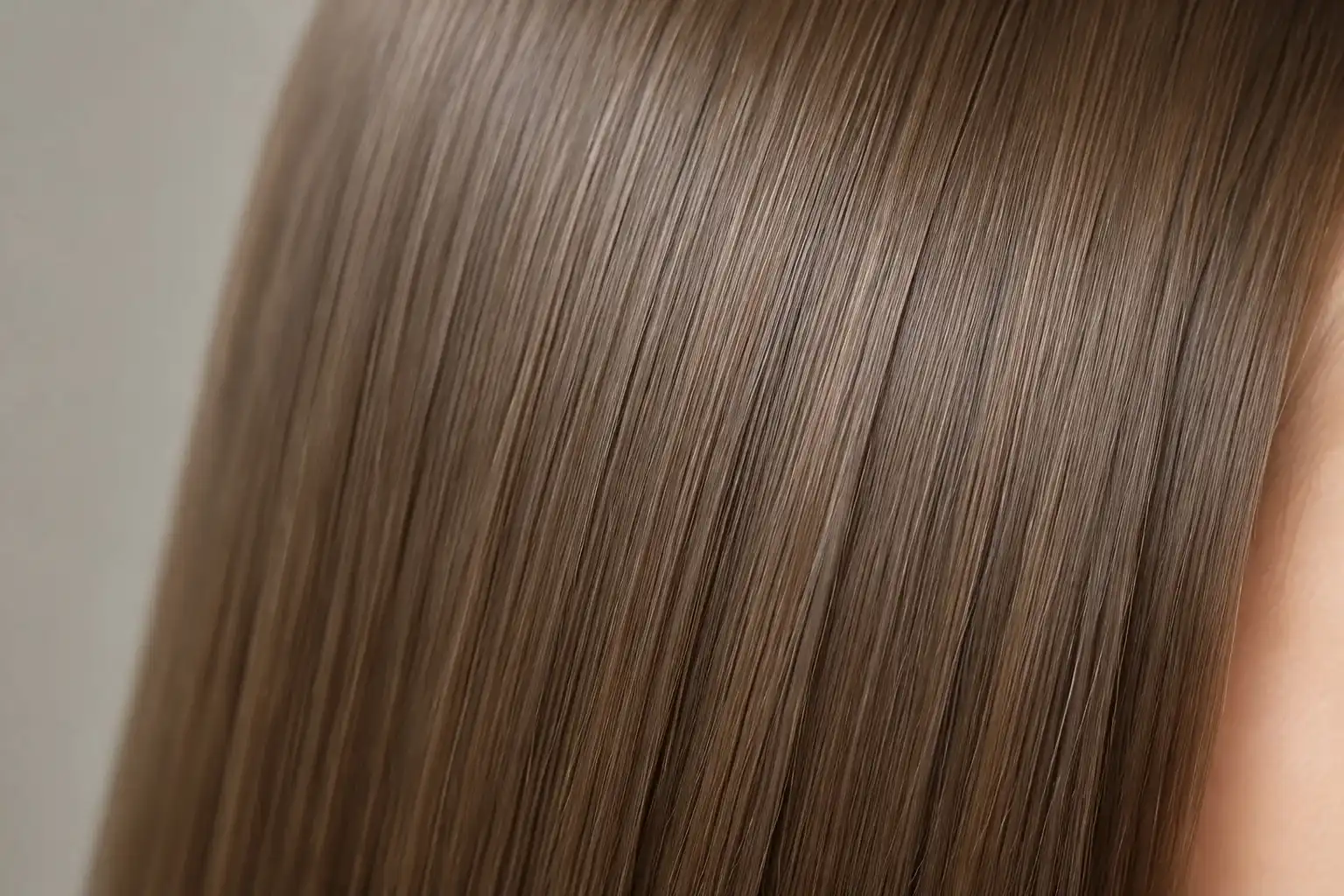 Close up of Type 1A hair showing rare pin straight fine hair texture with no natural wave or curl