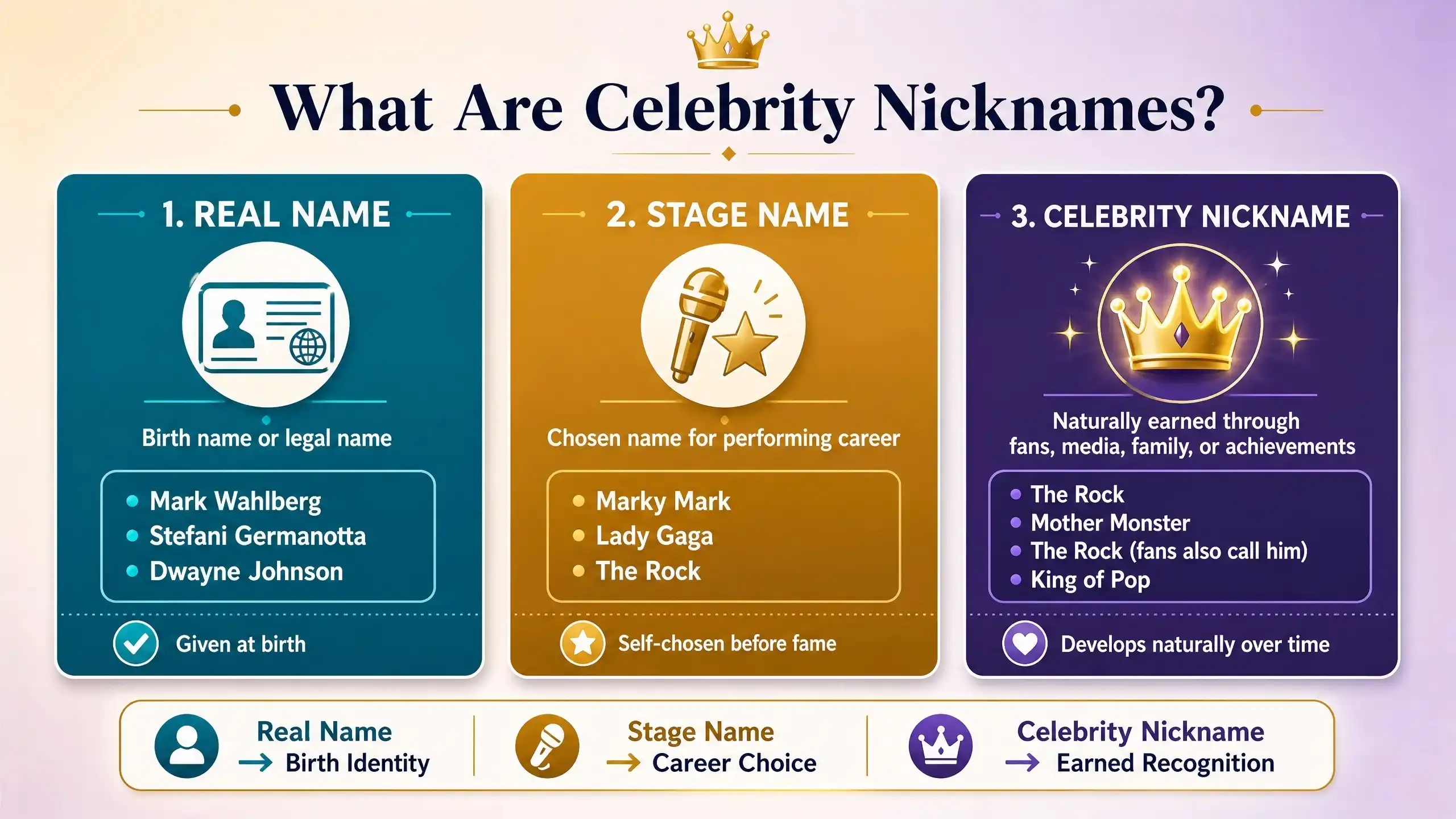 Infographic comparing real name, stage name, and celebrity nickname with examples like The Rock, King of Pop, and Queen Bey showing the difference between birth names, career names, and earned titles