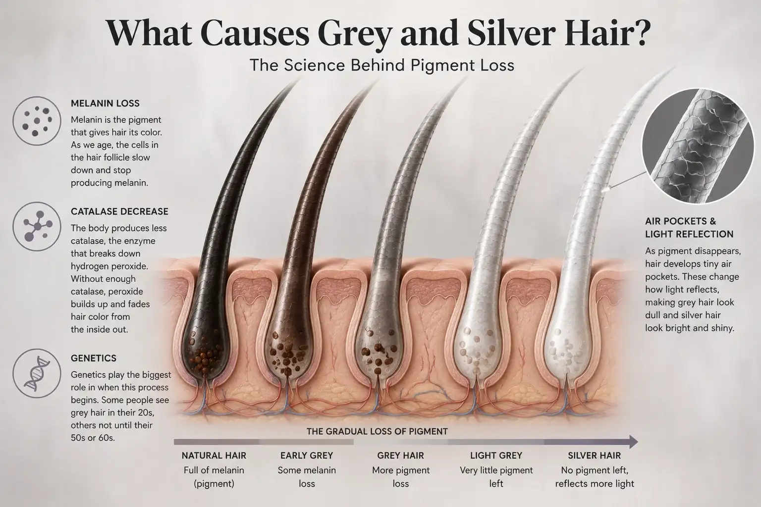 Close up of a hair follicle showing melanin loss that causes grey hair and silver hair over time