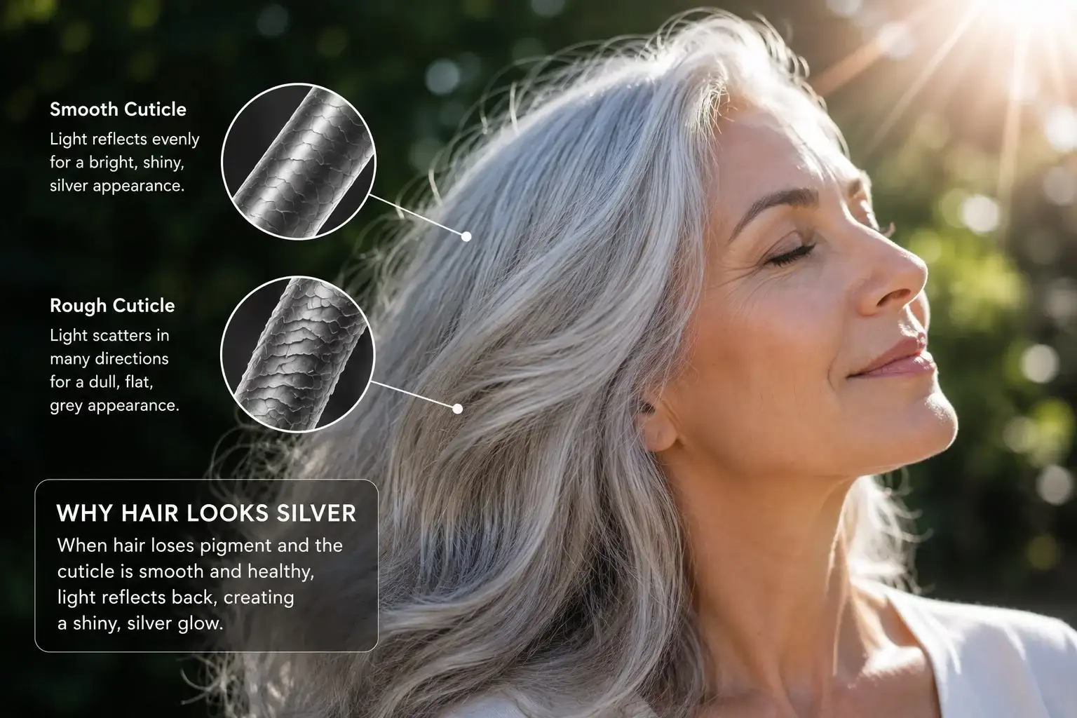 Silver hair shining in sunlight with a smooth hair cuticle reflecting light compared to dull grey hair