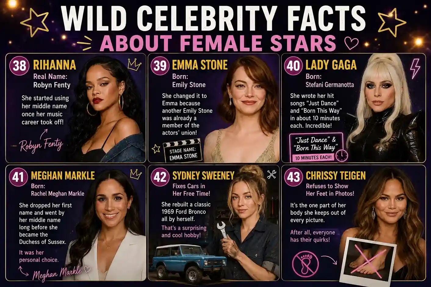 Grid of famous female celebrities featuring Rihanna, Emma Stone, Lady Gaga, Meghan Markle, Sydney Sweeney, and Chrissy Teigen with surprising facts