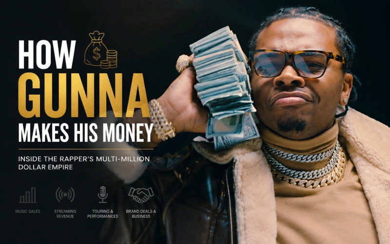 Gunna holding cash while highlighting his music, streaming, touring, and business income sources