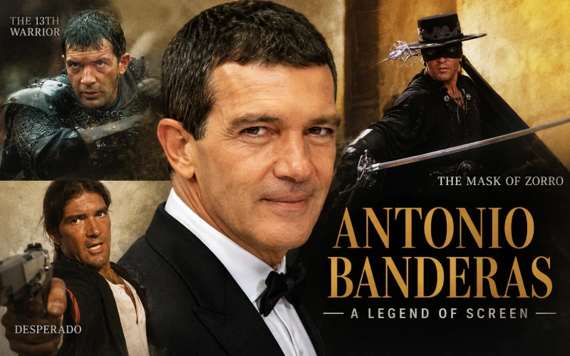 Antonio Banderas in iconic film roles including Zorro, Desperado, and The 13th Warrior