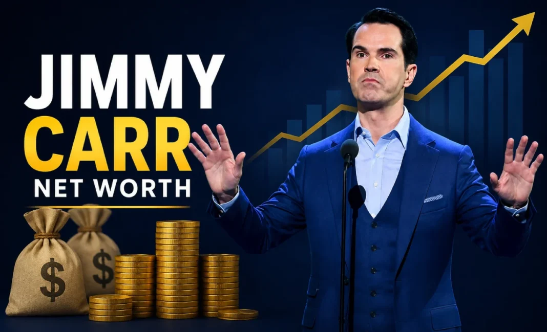 jimmy carr movies Jimmy Carr Net Worth featuring the comedian in a blue suit with wealth and financial growth graphics