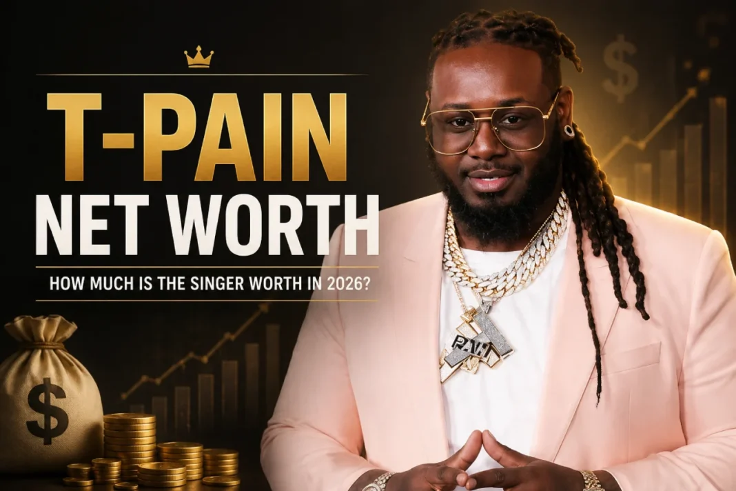 t-pain songs T-Pain net worth in 2026, featuring the rapper and singer alongside financial wealth graphics
